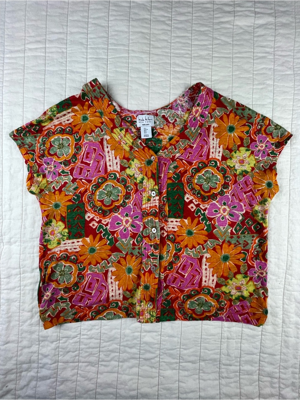 Nicole Miller Multicolor Floral Button-Front Crop Shirt Large